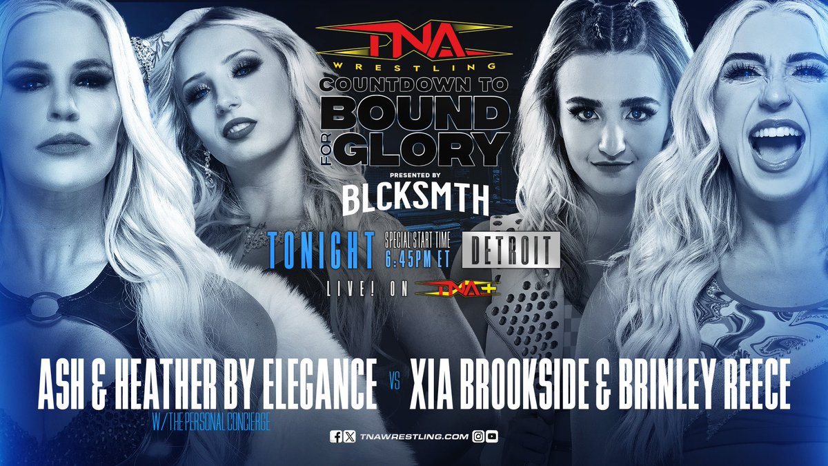BLCKSMTHApparel's tweet photo. #CountdownToBoundForGlory, presented by BLCKSMTH, starts in one hour!
Live & Free on TNA+ & @ThisIsTNA digital platforms.
Make sure you do not miss it! π https://t.co/eu5BgHLndA