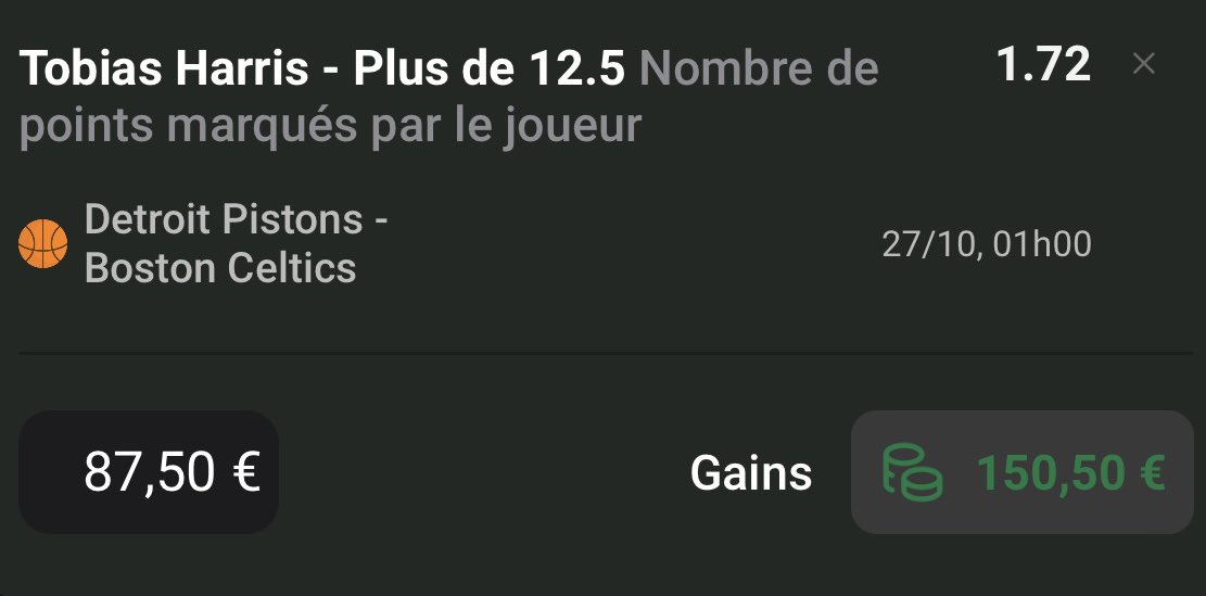 #NBA 

6️⃣Harris +12.5 pts @ 1.72 | 1.75%

Bien peur que Cade et Ivey se cassent les dents sur Jrue &amp; White.. Harris jouera 30min si y’a bo, 6-7 de + si Detroit accroche mais en 30min Tobi a de quoi faire, il l’a tapé 4/4 la saison passée vs Boston ce cut, ça reste bien abordable.