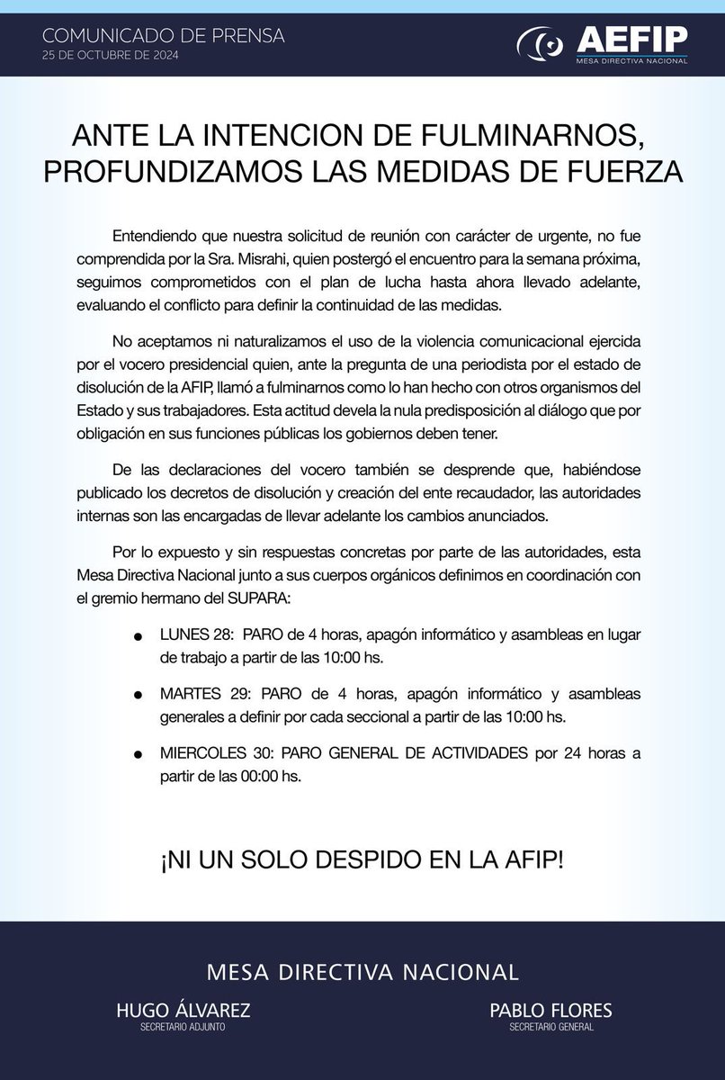 MontiAlejandro's tweet photo. #AEFIP Ni un despido ! Lunes y Martes #PARO y  Miércoles #PARO TOTAL con apagón informático. 🧑‍💻🧑‍💻🧑‍💻🧑‍💻Organicemos entre tod@s #ASAMBLEAS en todos los edificios para garantizar las medidas. Que la  #CGT y la #CTA dejen de mirar para otro lado y llamen a un #ParoNacional https://t.co/duPqBpGEEA