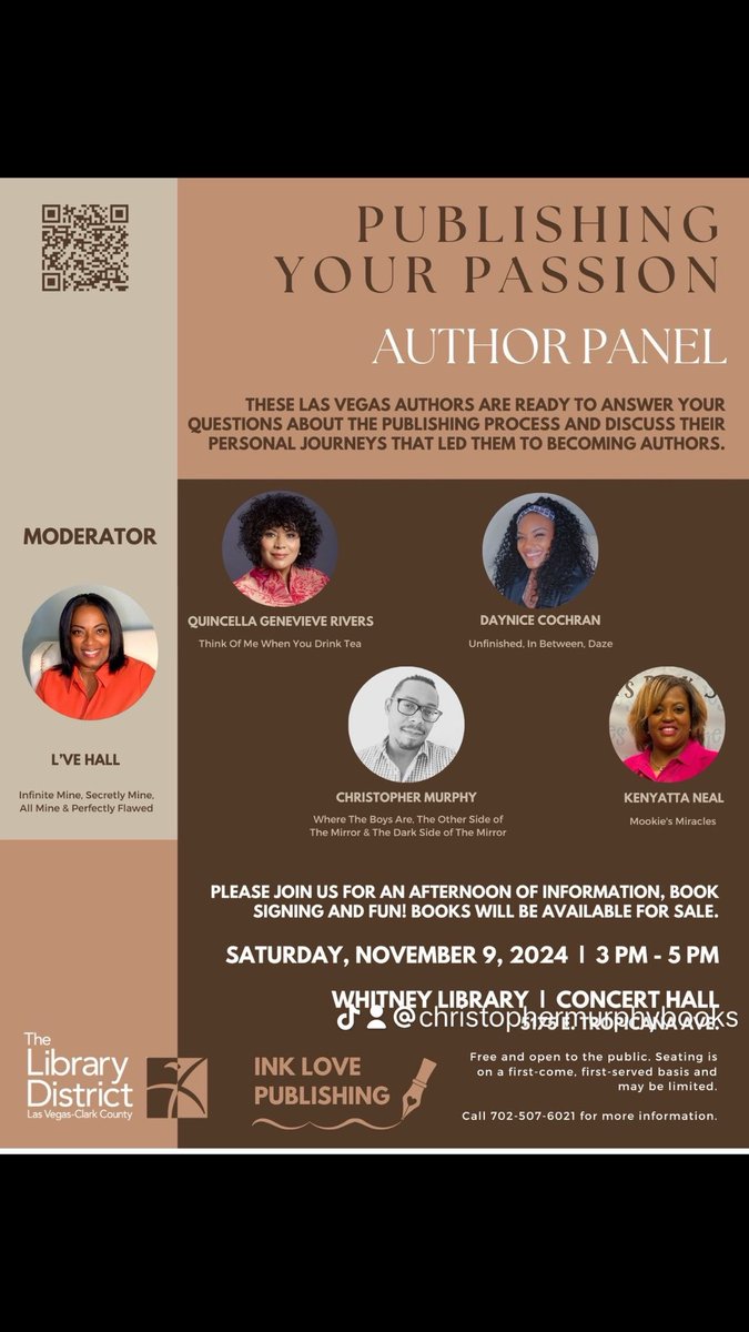CMurphyBooks's tweet photo. I’m very excited to join this panel of Las Vegas authors at the Whitney Library on November 9th. This event is perfect for book lovers and aspiring authors of all genres! Hope to see you there!
#vegasauthors #authors #vegas https://t.co/YPmzEt2uMo