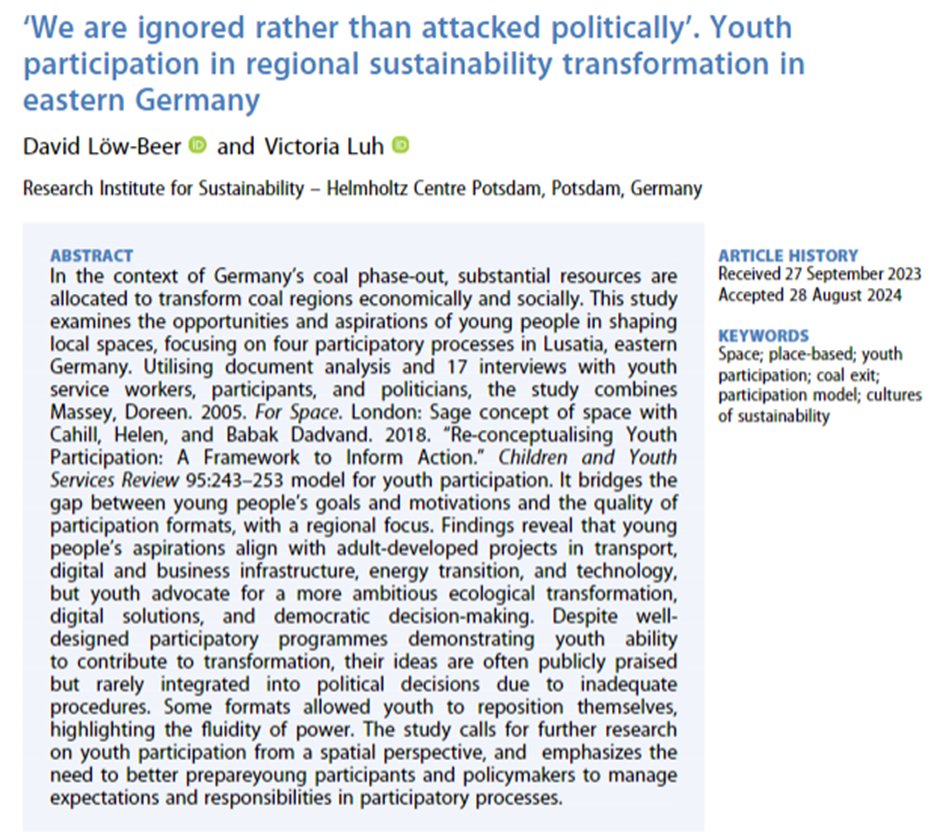 ChildrensGeogs's tweet image. Another recent article recently published by Low-Beer &amp;amp; Luh where the findings highlight 'the importance of researching youth participation from a spatial perspective.' #placebased #CoalExit #ParticipationModel #CulturesOfSustainability 

doi.org/10.1080/147332…