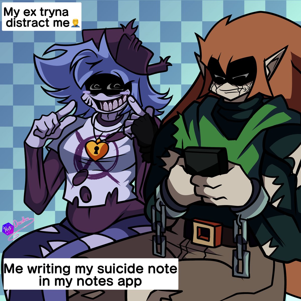 HexDoodlez's tweet photo. did the meme with the SillyKiller (BTW, my ver of Yourself shapeshifts due to Herself's abilities and magic transferred to him)

#sillybilly #fnfsillybilly #fnf #fridaynightfunkin #fnfyourself https://t.co/73y3n6Jo3x