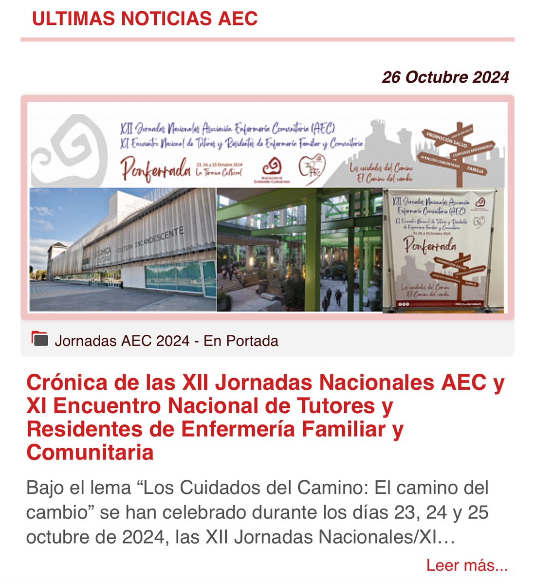 AECTUIT's tweet photo. Crónica de las XII Jornadas Nacionales AEC y XI Encuentro Nacional de Tutores y Residentes de Enfermería Familiar y Comunitaria.
“Los Cuidados del Camino: El camino del cambio”❤️ 
Link:
https://t.co/sCAzVd9xBq https://t.co/7qpnHsqjta