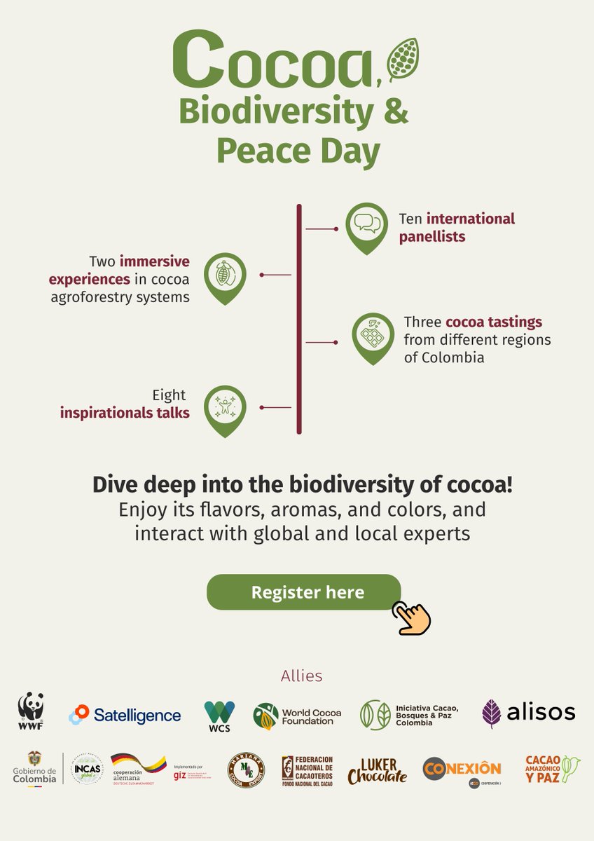 alisosnet's tweet photo. 🌱✨ The brochure for the Day of Cacao, Biodiversity &amp; Peace is here! Discover everything you need to know about our event on October 27 at COP16. 

🍫Don't miss it!

👉Register now! https://t.co/lFkZKkxUHX

#CocoaDayCOP16 #Cocoabiodiversitypeace #COP16 https://t.co/Ps37znLF7z