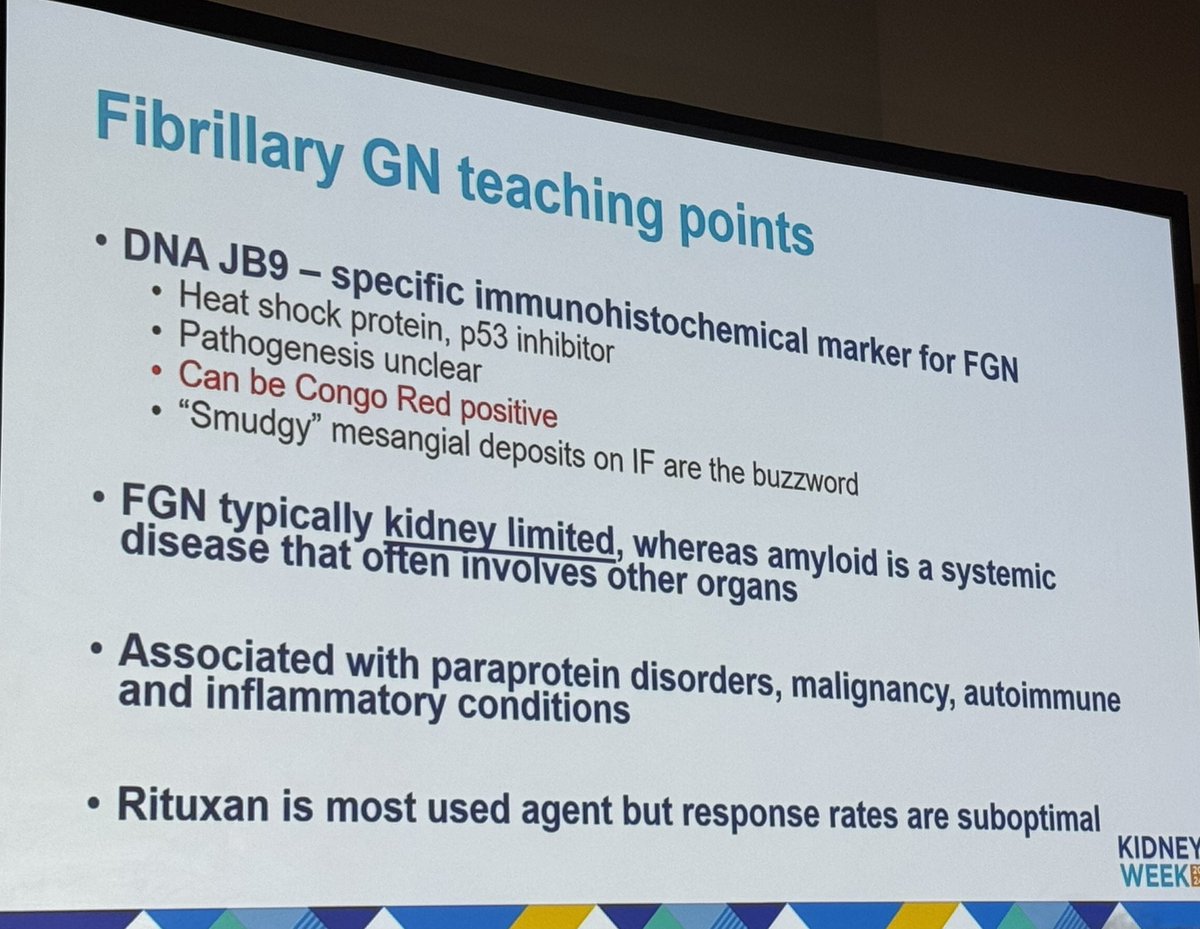 SwethaKanduriMD's tweet photo. Next up is @Maximal_Change discussing interesting GN cases “Nephrology Quiz and Questionnaire section” @AJKDonline @AJKDblog #KidneyWk @ASNKidney
✅🔬Pearls of #Fibrillary GN
DNA JB9 - specific Immunohistochemical marker
✅Can be Congo red-positive
✅Typically kidney limited https://t.co/urErcEYJcl