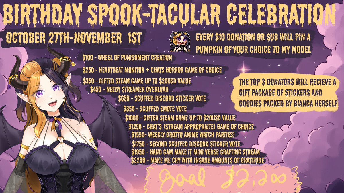 BiancaKaidaVT's tweet photo. Birthday SPOOK-TACULAR Celebration! 
Starting tomorrow through my birthday , 11/1. All funds will go towards funding my full body dream #Vtuber self.  Come join the fun https://t.co/cPzMHri8mP https://t.co/dCF5A365BV