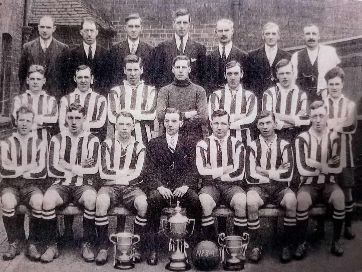NewhallUtdFC's tweet photo. Here's a photo of our 1928/29 Derby &amp; District Senior League, Burton &amp; District FA Division One, and Gretton Cup winning team, with goalkeeper Jack Kirby, aka The Ram that defied Hitler.
Our friend Kal is fundraising to restore Jack's grave in Netherseal churchyard, link below. https://t.co/FSkZ7aBeM5