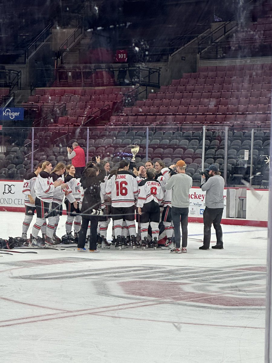 BenARidgeway's tweet photo. BUCKEYE WIN!!! 

Final score: 7-3 over Cornell. The Buckeyes scored 18 goals in two days to claim the icebreaker trophy! https://t.co/hMcICXFgcY