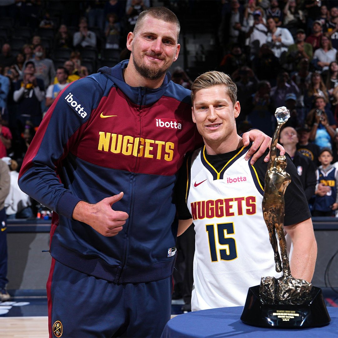 Nathan MacKinnon and Nikola Jokic presented each other's MVP trophies to one another 🥹🏆