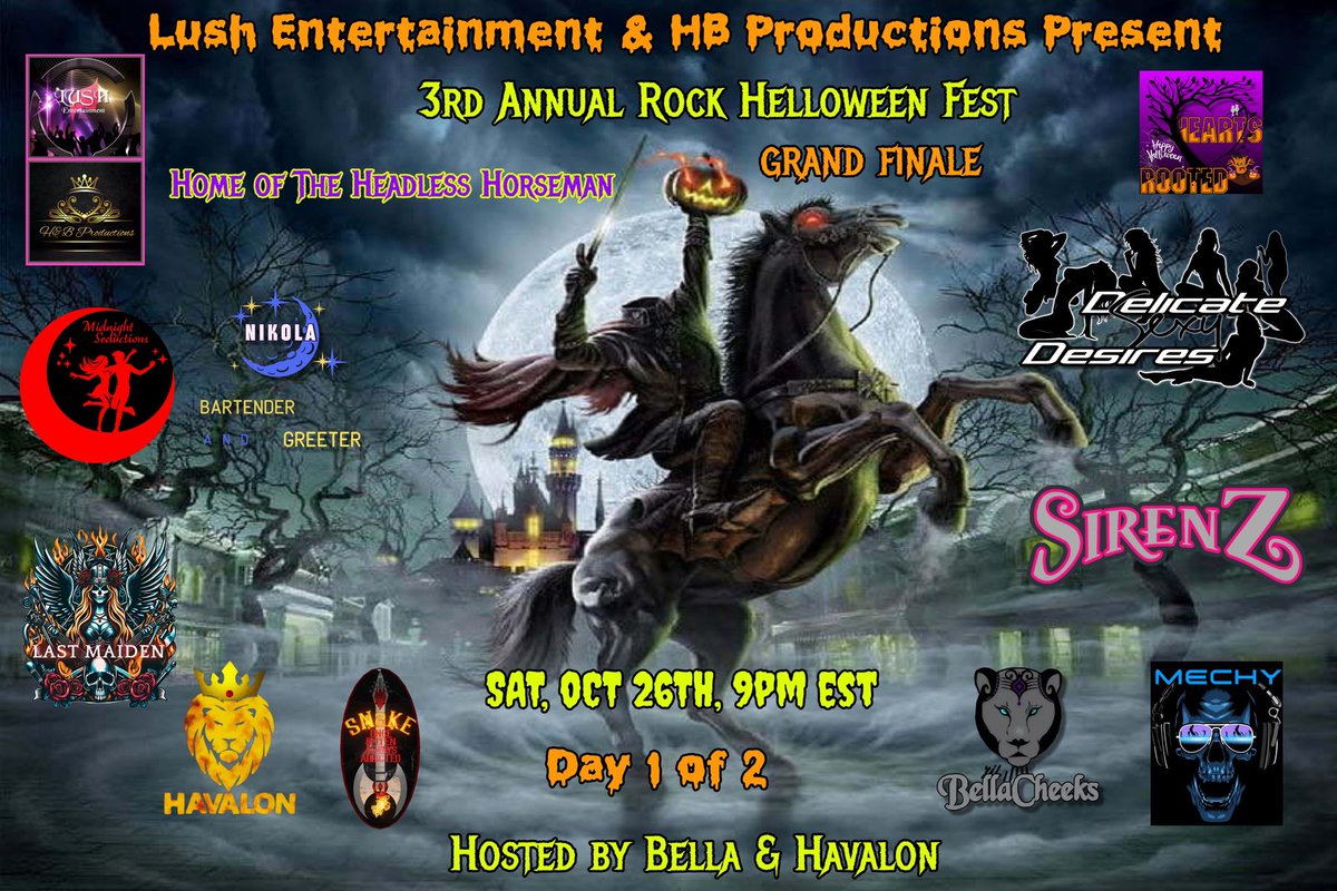 Come out to the 3rd Annual Rock Helloween!  Its going to be a BLAST so don’t miss out on the Grand Finale Two Day Rock Fest. Doors Open 9PM EST and we have 4 amazing DJ’s spooking the crowd with rocking tunes- DJ Havalon, DJ SNaKE, DJ BellaCheeks and DJ Mechy.  On stage we have