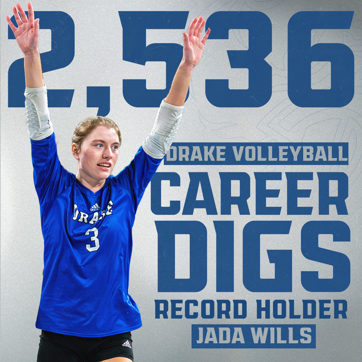 DrakeVolleyball's tweet photo. 🌟 𝗜𝗡𝗧𝗢 𝗧𝗛𝗘 𝗛𝗜𝗦𝗧𝗢𝗥𝗬 𝗕𝗢𝗢𝗞𝗦 🌟

After securing her 23rd dig in today's match, @willsjada02 has become the all-time digs leader in program history! Congrats, Jada!

#DSMHometownTeam https://t.co/XumHWAD4VX