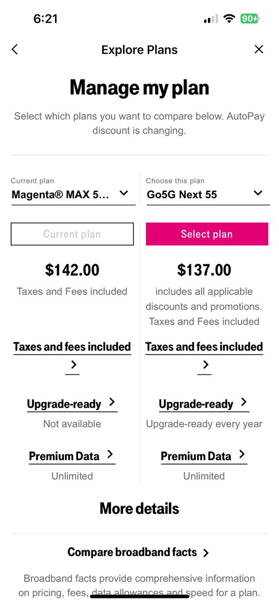 nydavid1's tweet photo. @TMobileHelp when I look at plan options, I see a price of $137 per month for GO5G Next 55.  When I actually select the plan, the price jumps by $20 a month - more than I pay now, and a difference of $240 a year. Care to explain? This is troubling to say the least. https://t.co/IlHf24K7vH