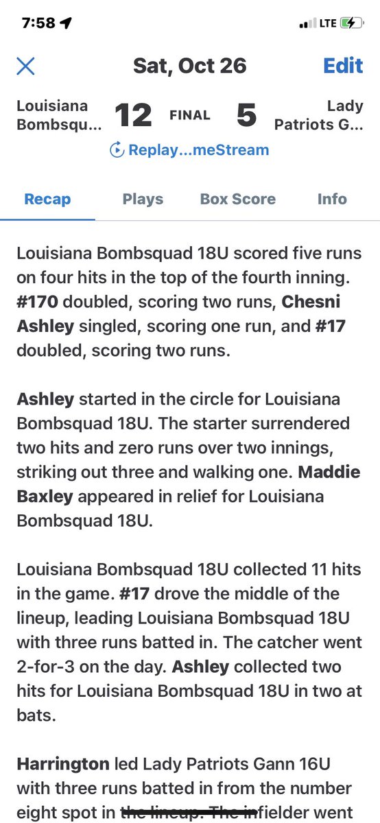 chesni_ashley3's tweet photo. Started off with the ACT this morning, then drove down to Youngsville for the La Glory Showcase. I went 2-2 with an RBI and pitched 2 innings allowing 0 runs with 3 Ks, 1 BB, and giving up 2 hits. My team is starting off 2-0 so far
@LSUA_SB @Coach_Lem_UAM @BPCC_Softball @tpart25 https://t.co/a8teYGIkNf