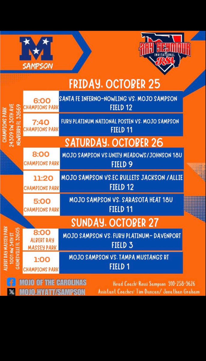 Here is my schedule for tomorrow at Ray Seymour. I had such an amazing time today with my team and we went 2-3. Go Mojo!!!