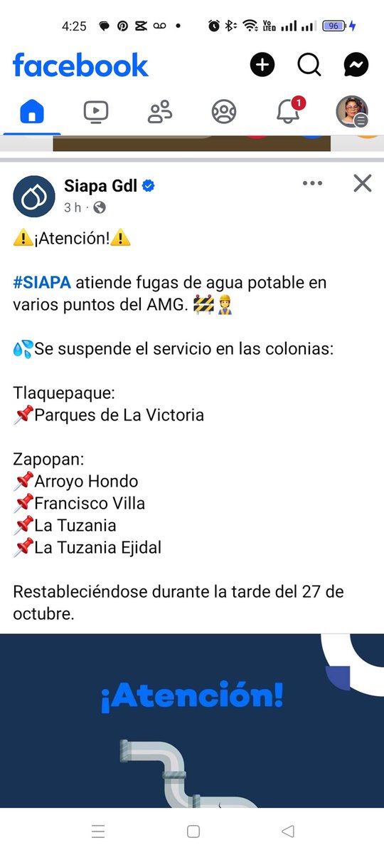 Taniaintmx's tweet photo. @siapagdl @zona3noticias Hasta hoy sale un post de que se suspende el servicio, desde ayer a la 1pm se fué y ni una sola gota, los trabajadores mencionan que queda restablecido hoy a las 8pm y en el post que hasta mañana en la tarde. https://t.co/9sYueFvUAf