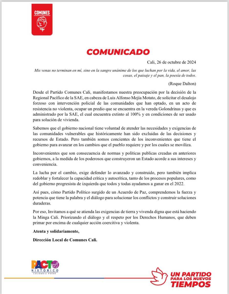 Desde <a href="/ComunesCali/">COMUNES CALI</a> expresamos preocupación por la decisión de la Regional Pacífico de <a href="/activosSAE/">Sociedad de Activos Especiales</a> al solicitar desalojo forzoso con intervención policial de las comunidades que en acto de resistencia no violenta ocuparon un predio en la vereda Golondrinas.