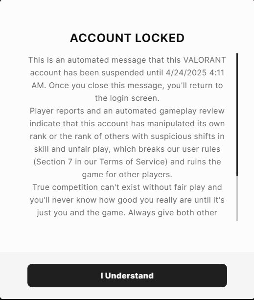 GhostlySmog's tweet photo. Yo @riotgames @VALORANT I play this game for 2 1/2 years, spend that stupid amount of money in support, and this is how I’m treated in return? I’ve been hardstuck for a year in gold/plat, finally rank up to my peak, then get a fucking 6 month ban? ghostly#smog on @trackernetwork https://t.co/LH68hYMzuU