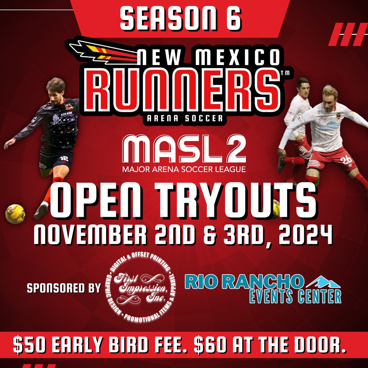 RioRoadrunner's tweet photo. 🚨 1 WEEK TO GO!🚨 Think you have what it takes to play in the MASL2? Our #opentryouts are around the corner & we’re looking for skilled, passionate athletes to compete at the next level. ⚽️ 💥 Register👉https://t.co/6vxTFwpi45
#nmrunners #runasone #ArenaSoccer #abq #riorancho https://t.co/RxJL7yjG4M
