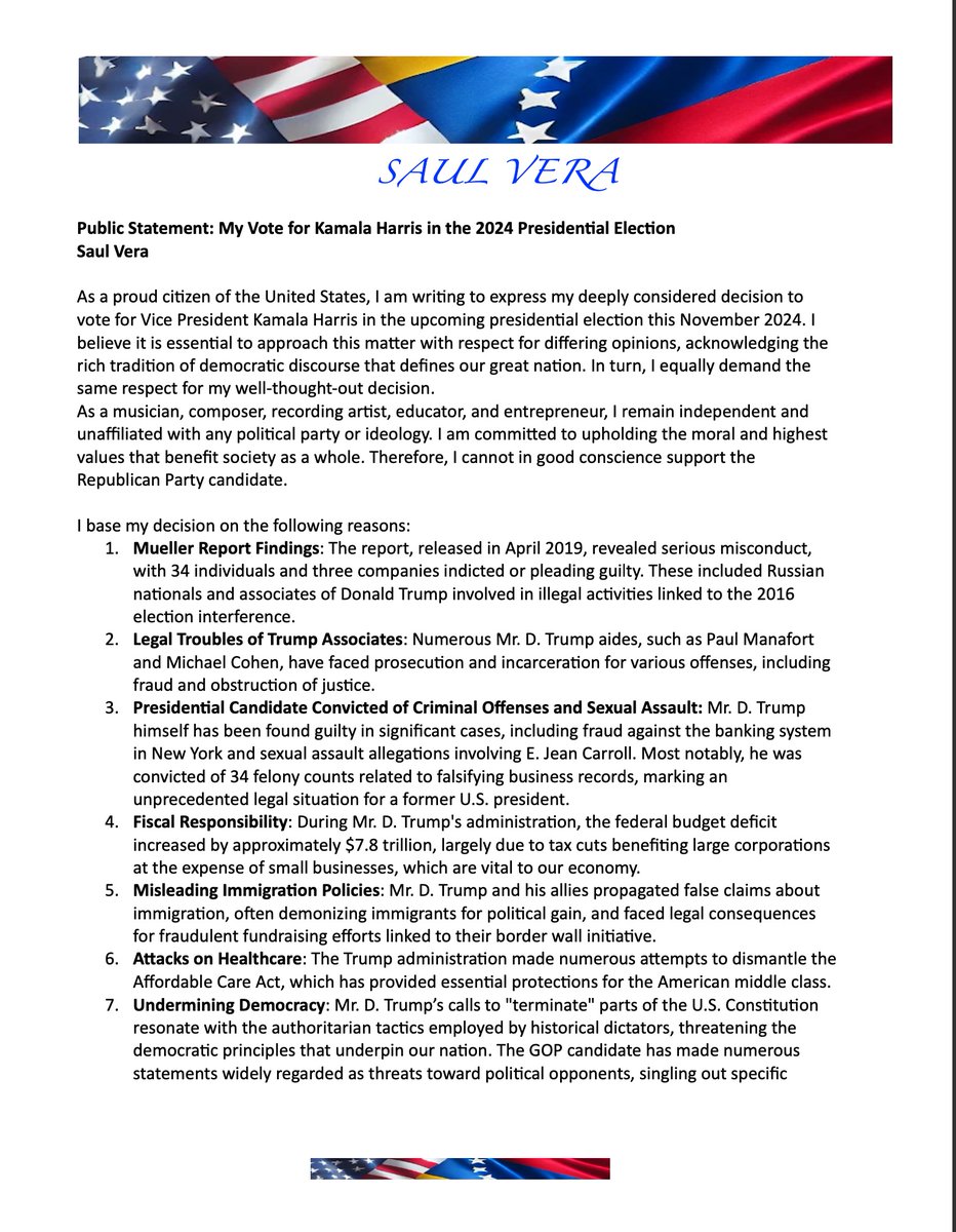 saul_vera_music's tweet photo. Therefore, I cannot in good conscience support the Republican Party candidate.

I base my decision on the Attached statement. #DefendDemocracy2024 #VoteForValues #kamalaharris2024 #HarrisWaltz2024 @KamalaHarris #Kamalaforpresident https://t.co/DUfpWxl5hq