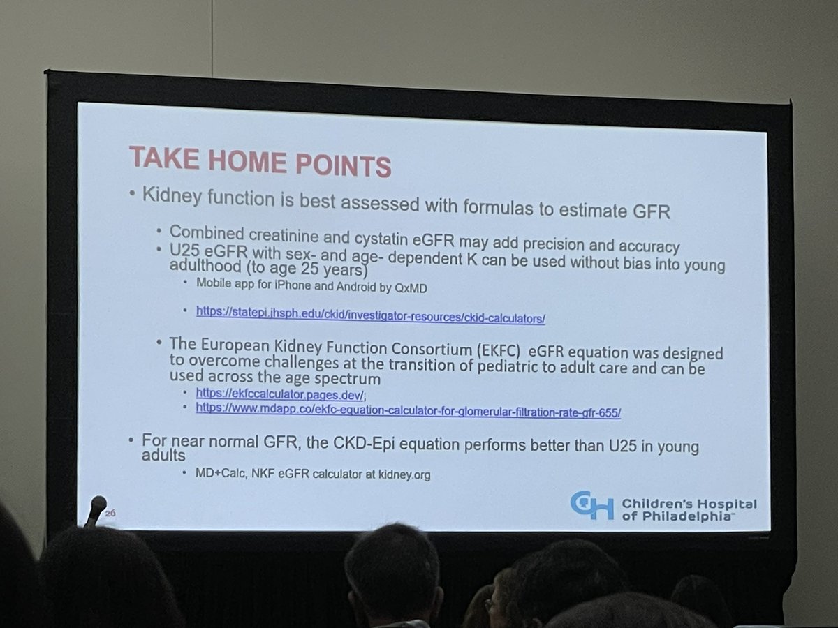 WendyHsiaoMD's tweet photo. Fantastic talk by Dr. Furth on the complexities of estimated GFR when children transition to adulthood! CKiD U25 eGFR and CKD-EPI tend to agree at lower GFRs in young adults, but CKiD U25 tends to underestimate GFR at higher GFRs. #CKiD #ASNKids24 #KidneyWk @ASPNeph @ASNKidney https://t.co/14pvTn1uv5