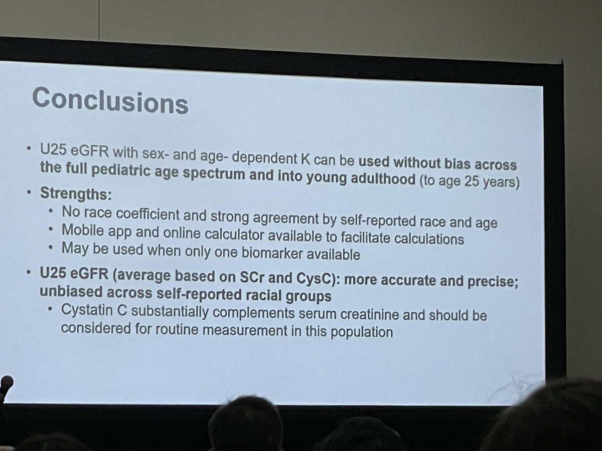 WendyHsiaoMD's tweet photo. Fantastic talk by Dr. Furth on the complexities of estimated GFR when children transition to adulthood! CKiD U25 eGFR and CKD-EPI tend to agree at lower GFRs in young adults, but CKiD U25 tends to underestimate GFR at higher GFRs. #CKiD #ASNKids24 #KidneyWk @ASPNeph @ASNKidney https://t.co/14pvTn1uv5