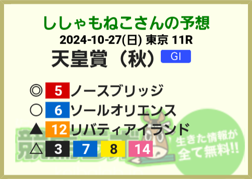 ginnan222's tweet photo. #競馬ラボ でアナタの予想を投稿しよう　⇒　https://t.co/3OmxouE1i2
#競馬
#天皇賞（秋）
#マイ予想印ジェネレーター https://t.co/iYwSGsml6Q