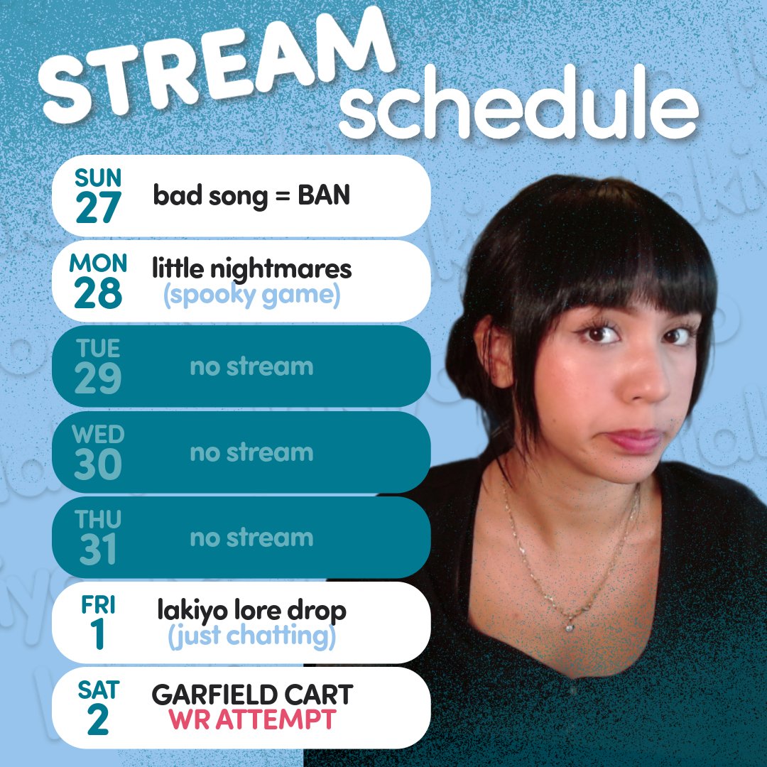 lakiyo_'s tweet photo. Schedule for the upcoming week!

... i will actually attempt a record run on Garfield Cart, like fr fr https://t.co/X34NyWFcC1