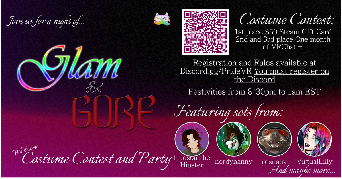 PrideVR_'s tweet photo. Come by for our Halloween Celebration tonight, Glam &amp; Gore! Doors open 830PM ET @ Pride City

VRChat Halloween Costume Contest! Rules and entry on our discord, link or QR code in the image!

$50 Steam gift card for our community winner! https://t.co/l0FQlahBqY