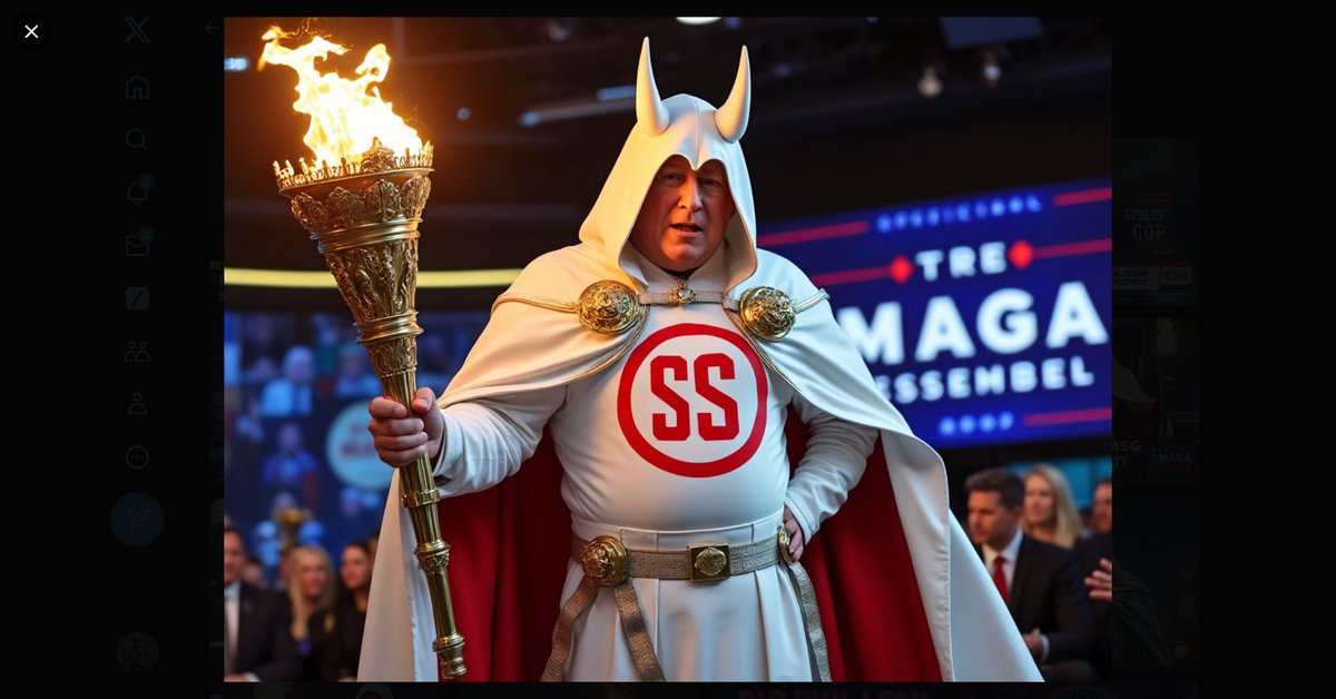 Brian_3000's tweet photo. STEP RIGHT UP AND GET YOUR TRUMP MSG ALLY GEAR. Oh and I didn't tell it to add devil horns. It must just "know".
#MAGA #Racism #NaziIdeology #HateSpeech #WhiteSupremacy #PoliticalExtremism #SocialJustice #AntiRacism #Fascism #CivilRights #EqualityForAll #Inclusion #DiversityMatters #HistoricalContext #PoliticalAwareness #HumanRights #ConfrontingHate #EducationMatters #SocialResponsibility #Activism #UnityAgainstHate #CriticalThinking #SpeakOut #EndRacism #FightFascism #Empowerment #CommunitySolidarity #TruthMatters #JusticeForAll #ProgressiveValue