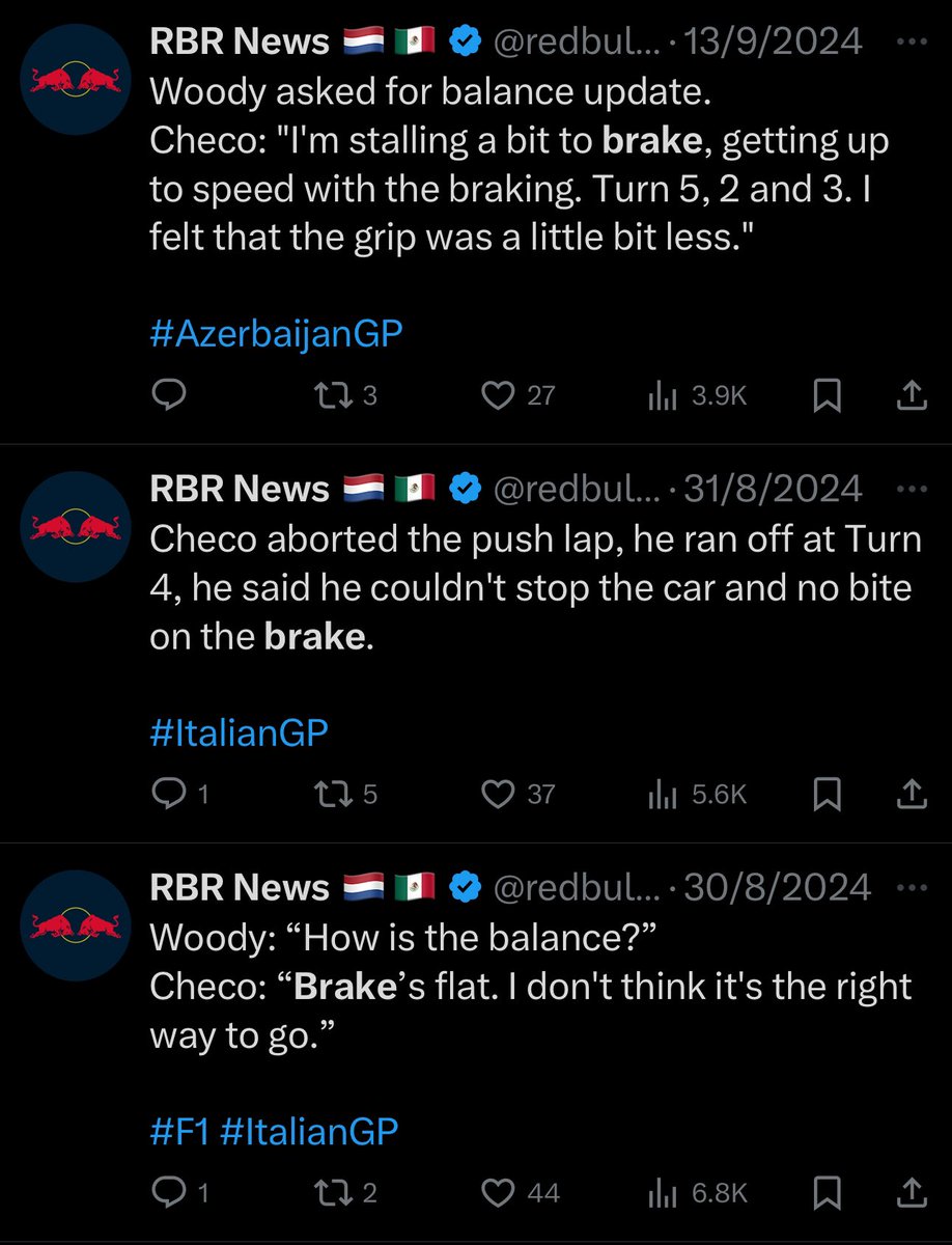 redbulletin's tweet photo. “The first time Checo complained about the brakes”

Are we watching the same 2024 season?

😦😦😦

#MexicoGP https://t.co/hYTtHsRMX4