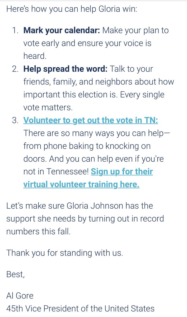 VoteGloriaJ's tweet photo. Well, this is an unbelievable honor, an endorsement from the 45th Vice President of the United States, Al Gore! Such an honor to have VP Gore on #TeamG https://t.co/QtSao01sDp