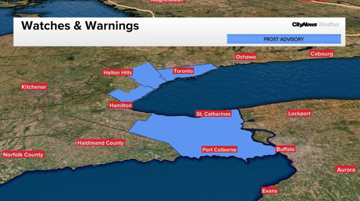 Carl Lam (@carlhlam) on Twitter photo A Frost Advisory has been issued for Toronto, Scarborough, North York, Oakville, Burlington, Grimsby, and Niagara Falls. This is for Saturday night into Sunday morning!
<a href="/NewsRadioTO/">680 NewsRadio Toronto Traffic & Weather</a> <a href="/CityNewsTO/">CityNews Toronto</a> A Frost Advisory has been issued for Toronto, Scarborough, North York, Oakville, Burlington, Grimsby, and Niagara Falls. This is for Saturday night into Sunday morning!
<a href="/NewsRadioTO/">680 NewsRadio Toronto Traffic & Weather</a> <a href="/CityNewsTO/">CityNews Toronto</a>