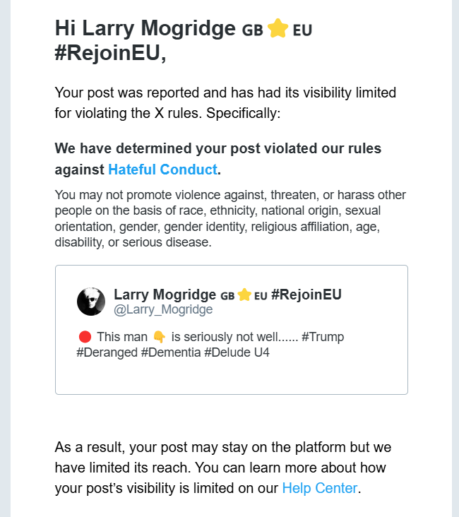 Larry_Mogridge's tweet photo. 🔴
Apparently, pointing to freely available evidence that Trump is a clearly deranged and seriously unwell man is a rule violation.
Who knew.....
#TimeToLeaveTwitter ? https://t.co/h072R3na9O