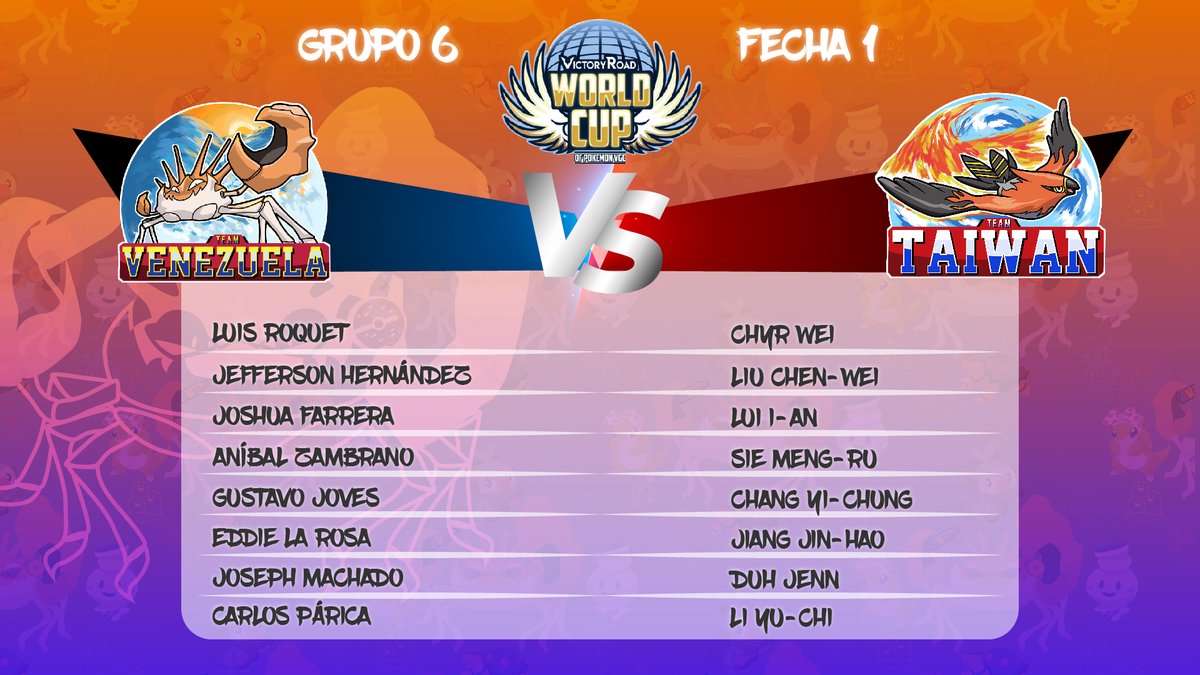 Comienza la Fase de Grupos de la WC de <a href="/VGCVictoryRoad/">Victory Road VGC</a> 🌐

En su debut Mundialista la Selección Nacional 🇻🇪 se enfrenta al combinado de Taiwan 🇹🇼.

Comienza la lucha por la copa del Mundo! 🏆🌎

Glhf a nuestros Rivales 
🇻🇪🤝🇹🇼

Vamos muchachos! 🔥
#TeamKingler🇻🇪🦀