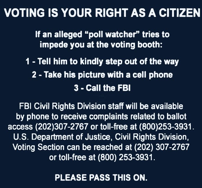 mechtild5's tweet photo. @RachelCoyleOhio @raventbrunner We need to get this out. Thank you for posting it.

If anyone tries to disrupt you at a polling site this is the FBI guidance and reporting information. https://t.co/hMxYYTP3Pd