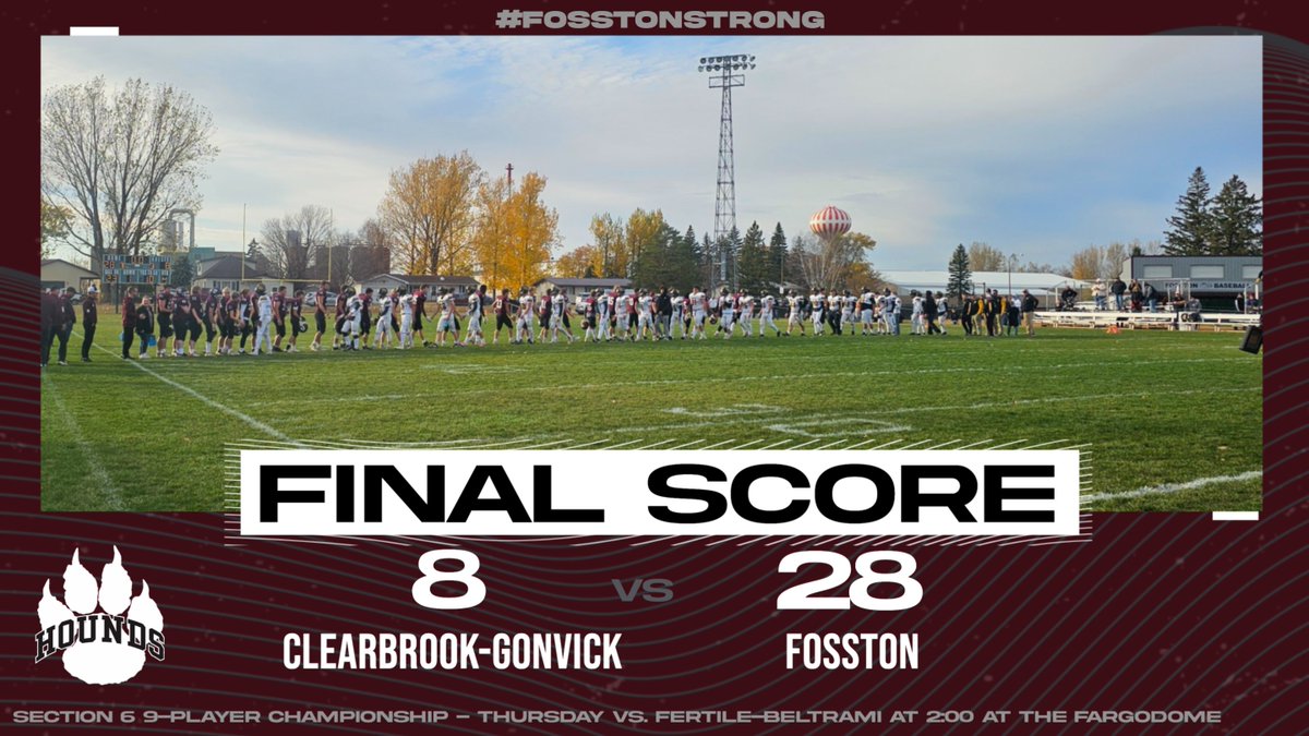 Fosston Greyhounds (@fhsgreyhounds) on Twitter photo The Greyhound football team picked up a 28-8 win over Clearbrook-Gonvick today to advance to the Section Championship next Thurs at the Fargodome. The #Greyhounds will take on the top-seed, 3rd ranked & 3-time defending champ Fertile-Beltrami Falcons. #FosstonStrong
<a href="/krjbkrjmkkcq/">KRJB KRJM KKCQ Radio</a> The Greyhound football team picked up a 28-8 win over Clearbrook-Gonvick today to advance to the Section Championship next Thurs at the Fargodome. The #Greyhounds will take on the top-seed, 3rd ranked & 3-time defending champ Fertile-Beltrami Falcons. #FosstonStrong
<a href="/krjbkrjmkkcq/">KRJB KRJM KKCQ Radio</a>