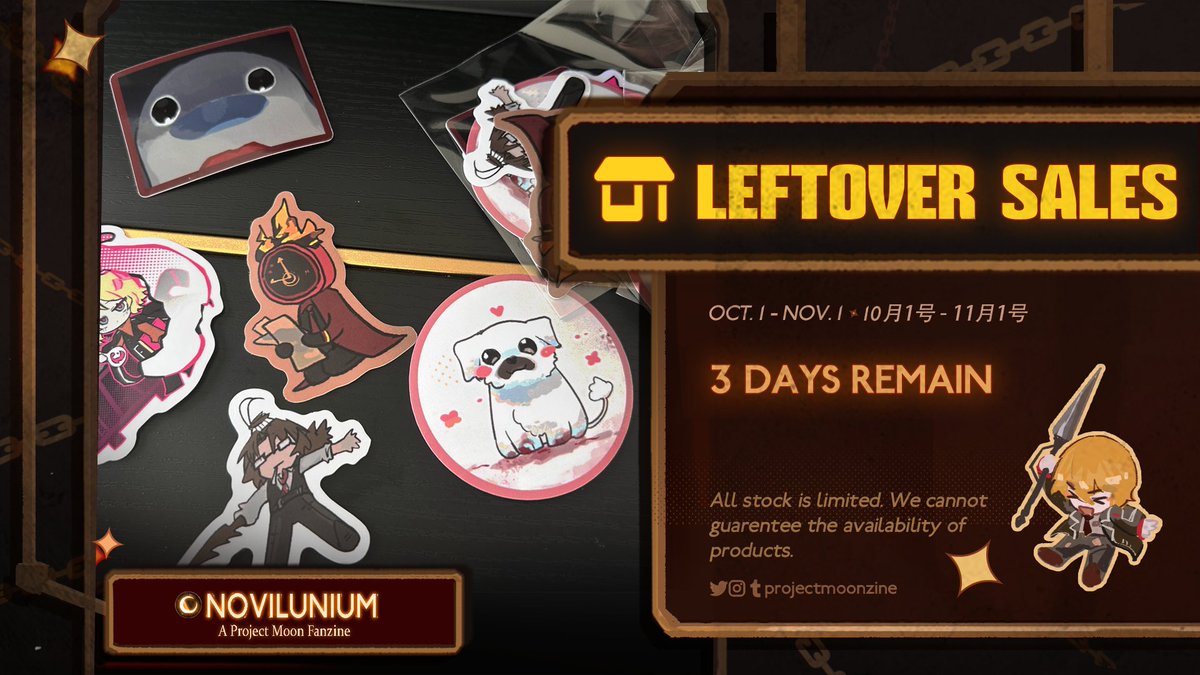 ProjectMoonZine's tweet image. ⭐️LEFTOVER SALES🌙

3 days left for our leftover sales!

Featuring our collection of Project Moon stickers by Koko and Starrie -- bundled up and ready to mail! 

🔗projectmoonzine.bigcartel.com