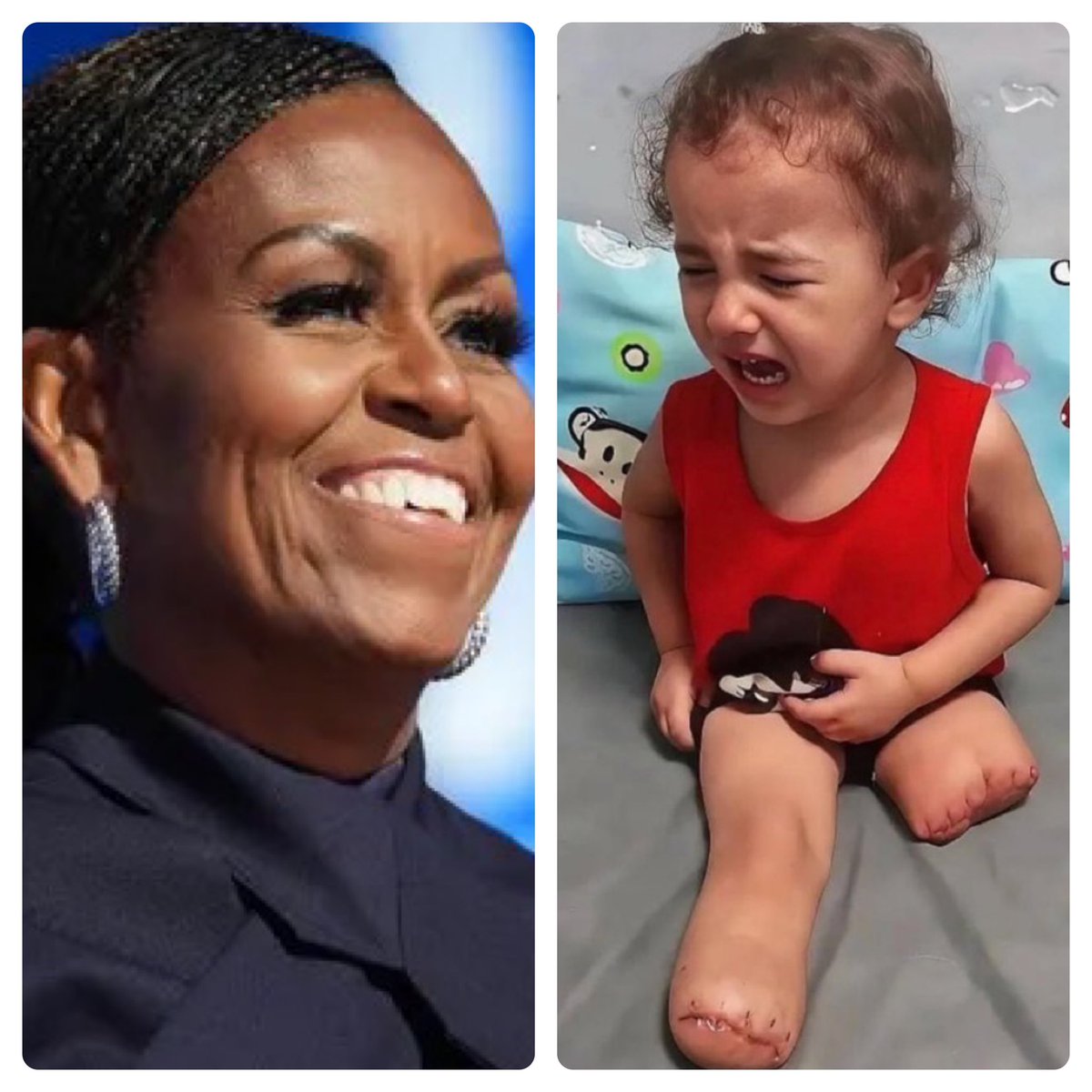 JimmyJ4thewin's tweet photo. Michelle Obama:  If we don't get this election right, your wife, your daughter, your mother, we as women will become collateral damage to your rage.

Me: Does that apply to little Palestinian girls with both legs amputated? https://t.co/FHnGPYJHq4