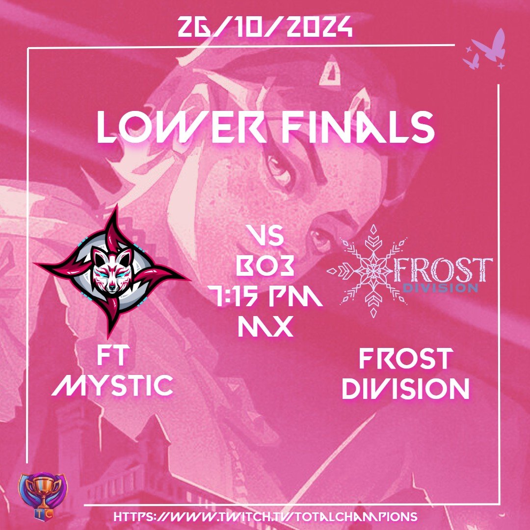 Total_Champions's tweet photo. 🎉 TOTAL CHAMPIONS - Matchday 2 🎉

🔥 Lower Final: @FourtailsE 🆚 Frost Division
🕖 7:15 PM MX
🎮 Bo3
🏆 ¡Sigue la acción en vivo y descubre quién avanza a la Gran Final! #TotalChampions #LowerFinal #Valorant https://t.co/b9UMPMY13O