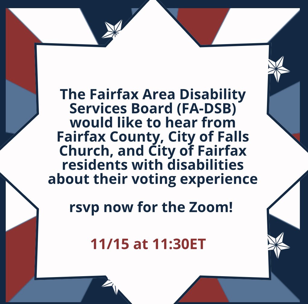 RevUpVA's tweet photo. Don’t miss the opportunity to share about your voting experience as a person with a disability.   Share with The Fairfax Area Disability
Services Board if you live in Fairfax Co, City of Falls Church, City of Fairfax
rsvp : https://t.co/Zrf4lwRL2b https://t.co/ZQb7Tg2hJx