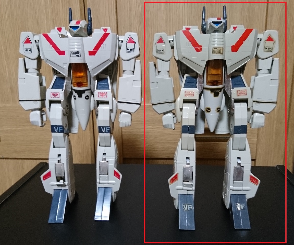 DenkouRiderKick's tweet photo. アメリカのコレクターと情報交換した時にスペースガンダムVの83年製と89年製の簡単な比較画像を作った。赤枠が83年製。頭部レーザー形状など初期製品の方がアレンジが加わっていなくタカトクそのままになってる。
#스페이스��담V #뽀빠이과학 #韓国アニメ #マクロス #バルキリー https://t.co/aWUjPbcM9i