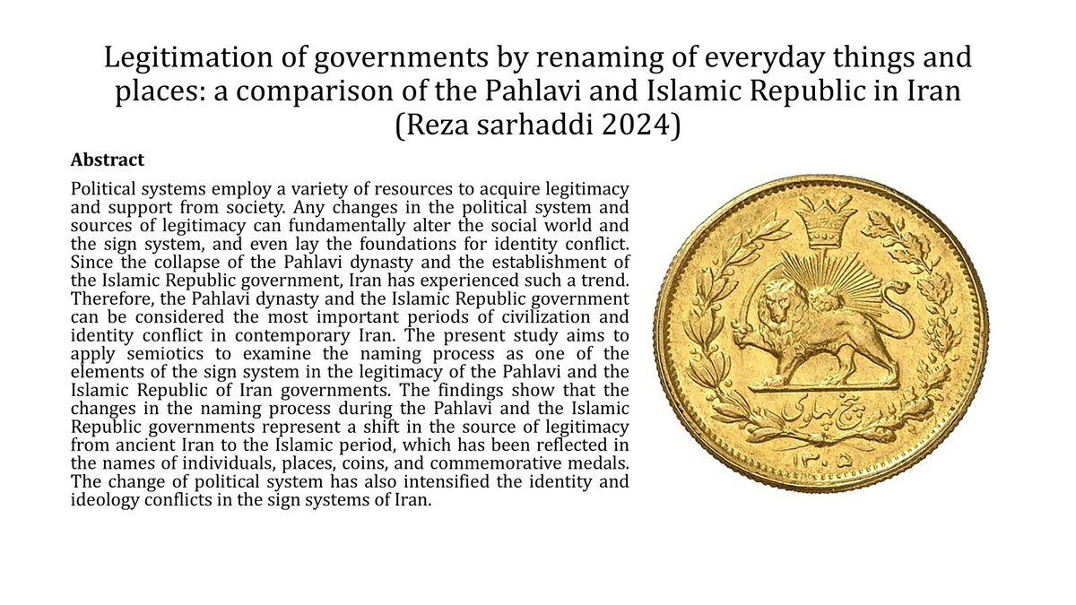 sociosemiotics's tweet image. Legitimation of governments by renaming of everyday things and places: a comparison of the Pahlavi and Islamic Republic in Iran
By Reza sarhaddi
DOI: 10.1080/10350330.2022.2076588
#socialsemiotics #signsystem #politicalsystem