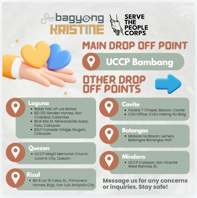 STPCorps_'s tweet photo. 📣 CALL FOR DONATIONS 📣

Nananawagan ang Southern Tagalog Serve the People Corps ng kahit anong tulong donasyon para sa mga komunidad sa CALABARZON at MIMAROPA na nasalanta ng Bagyong Kristine. 

#DisasterJusticeNow✊
#KristinePH https://t.co/8PFKeVEsLk