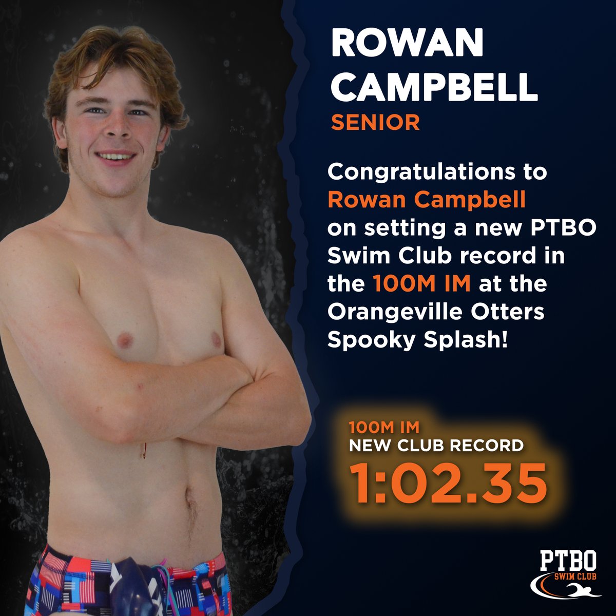 PTBOSwimClub's tweet photo. Congratulations to Rowan Campbell on setting a new club record in the 100M IM at the Orangeville Otters Spooky Splash!

Rowans time of 1:02.35 eclipsed the previous record of Bill Cocks set in 2000 of 1:02.94.  

#ptboswimclub #swimontario #swimcanada #ptbo_canada #ptbocanada https://t.co/rc8iMswCt7