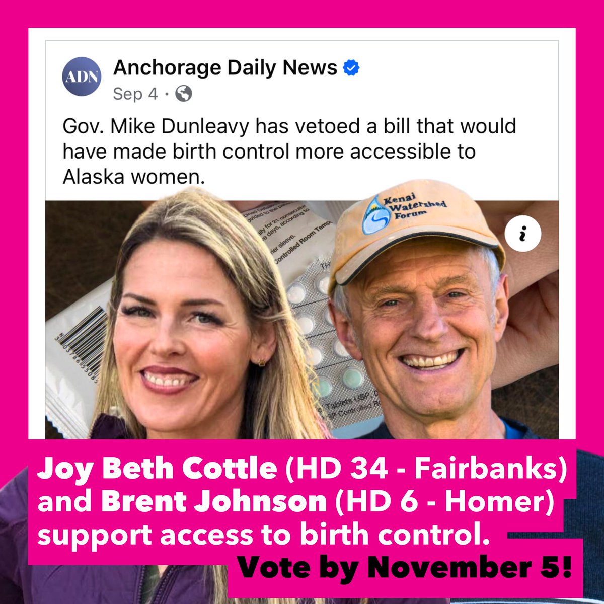 ppadvocatesAK's tweet photo. ❌ Anti-abortion candidates Frank Tomaszewski and Sarah Vance voted AGAINST legislation that would have improved access to birth control in Alaska. We’re proud to support ✅ Joy Beth Cottle for HD 34 and ✅ Brent Johnson for HD 6. https://t.co/Ur9CpYC1Nh #AkLeg #Alaska https://t.co/GA3r9cROT0