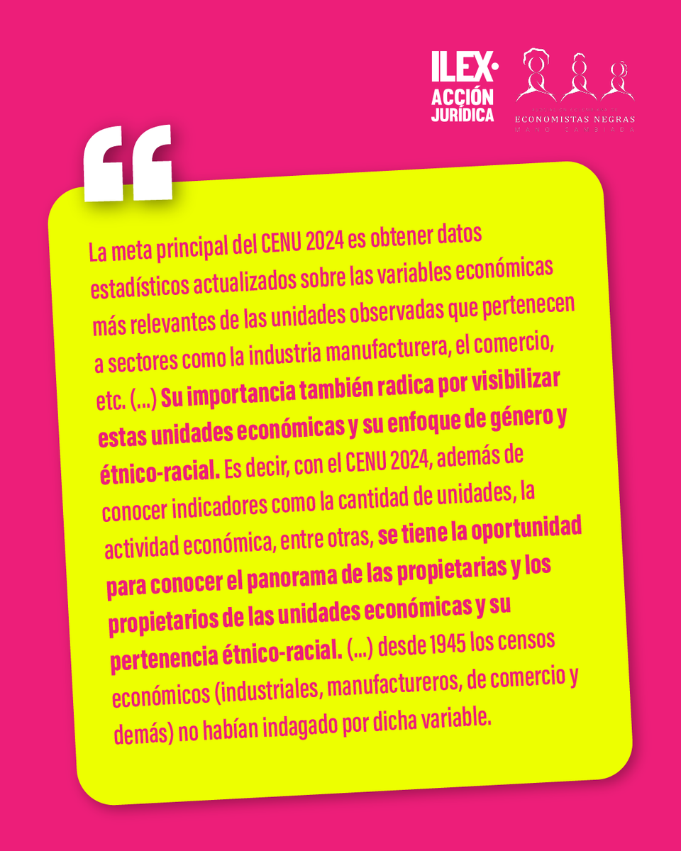 IlexAJ's tweet photo. #Opinión | El Departamento Administrativo Nacional de Estadística (DANE) está desarrollando el Censo Económico Nacional Urbano (CENU) de Colombia 2024. Esta estadística está destinada a recopilar información sobre empresas, establecimientos, viviendas con actividad económica visible y vendedores ambulantes, ubicados en las cabeceras municipales y centros poblados del país.

El objetivo principal del CENU 2024 es contar con datos actualizados sobre las actividades económicas en sectores como la industria, el comercio, los servicios, la construcción, el transporte, la administración pública, defensa entre otros sectores en las cabeceras municipales y centros poblados del territorio nacional.

Hasta ahora, la ausencia de datos desagregados por pertenencia étnico-racial y género ha resultado en la invisibilización de ciertos grupos poblacionales dentro del ámbito económico, perpetuando una visión sesgada y limitada del desarrollo empresarial y económico en Colombia. La falta de datos tiende a homogeneizar a diferentes actores sin considerar las profundas desigualdades estructurales que existen.

Lee la columna completa  link: https://t.co/bkxOKUeZ2o