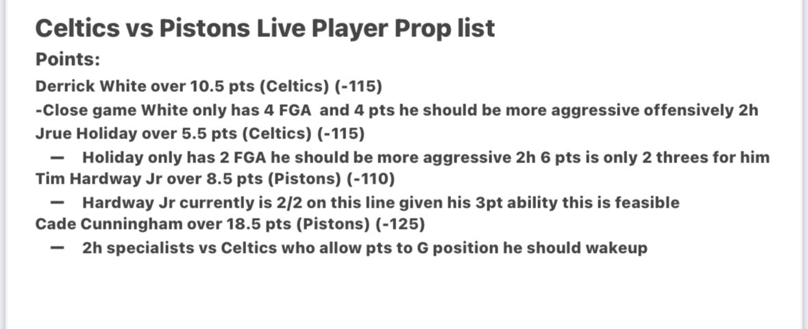 Celtics vs Pistons Live player prop list 
- Show some love
White O 10.5 pts (-115)
Holiday O 5.5 pts (-115)
Hardway Jr O 8.5 pts (-110)
Cunningham O 18.5 pts (-125)
#gamblingx #prizepicks #prizepicksnba #nba #underdogfantasy #hardrockbet