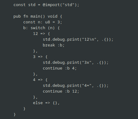 zigo_101's tweet photo. Since #Ziglang 0.14, in a switch code block, program execution can jump from one prong/case branch to any other prong/case branch.

Here is an example. It prints 3x4=12. https://t.co/91LhLRULco