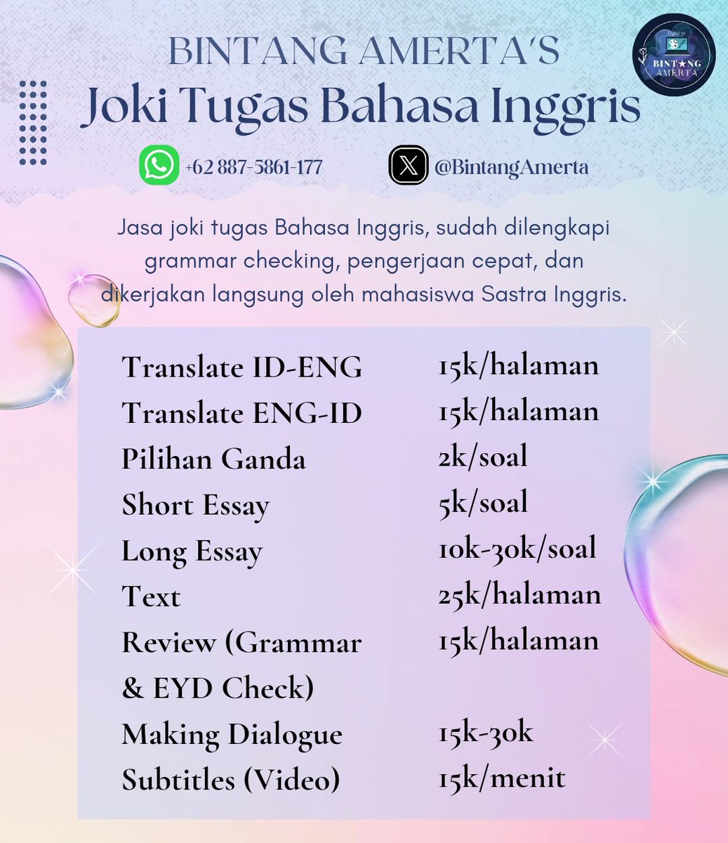BintangAmerta's tweet image. Bintang Amerta buka jasa joki tugas Bahasa Inggris dan jasa translate dengan menyediakan layanan lengkap, termasuk pengecekan tata bahasa, pengerjaan cepat, dan hasil berkualitas.
💌 wa.me/628875861177
Testimonial?
x.com/BintangAmerta/…

#zonauang #zonaba #zonajajan