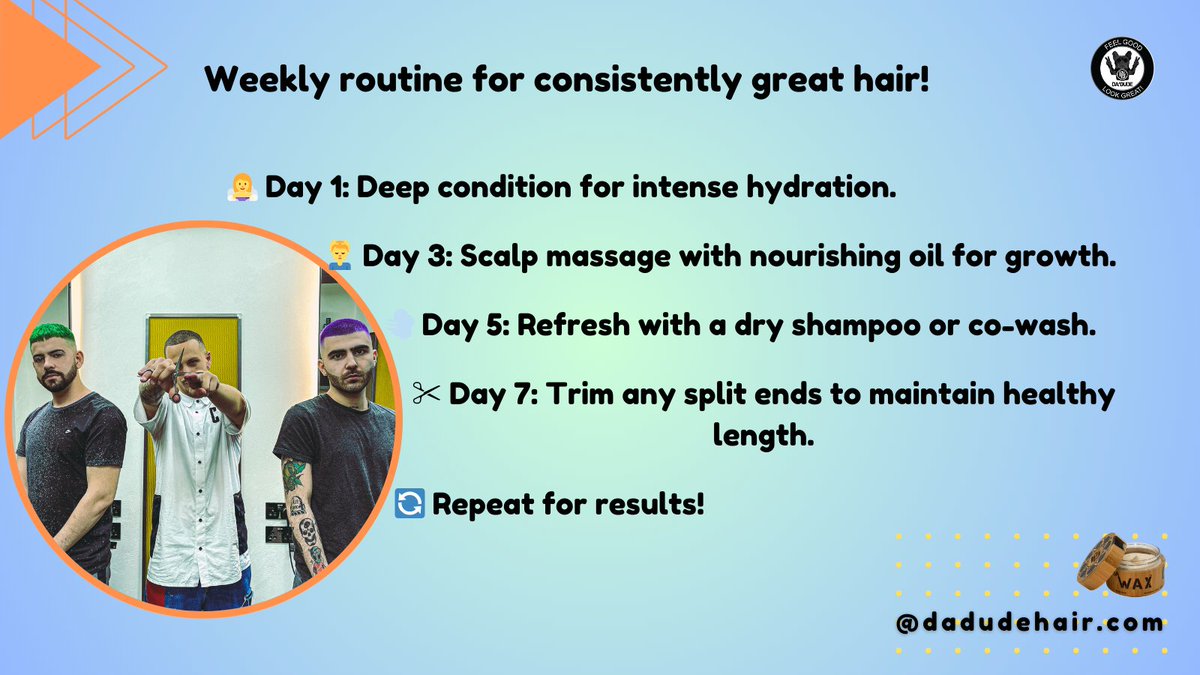 DaDudeyounghair's tweet image. For consistently great hair, try this weekly routine!🗓️
What’s your weekly hair care hack? 👇
#gamechanger #WeeklyRoutine #HairCareTips #hairtransformation